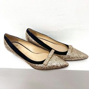 Butter LONDON Gold Glitter Bow Kitten Heels size 8, Made in Italy, Leather